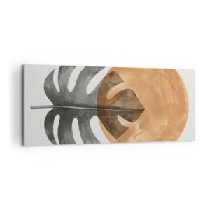 Bild auf Leinwand - Leinwandbild - Monstera-Blatt und goldener Kreis auf hellem Hintergrund - 120x50cm - Immer die Sonne - Moderne Wanddekoration für Wohnzimmer und Schlafzimmer ARTTOR