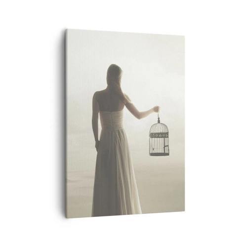 Bild auf Leinwand - Leinwandbild - Eine Frau mit einem Käfig vor einem ruhigen Himmel - 50x70cm - Sei frei - Moderne Wanddekoration für Wohnzimmer und Schlafzimmer ARTTOR