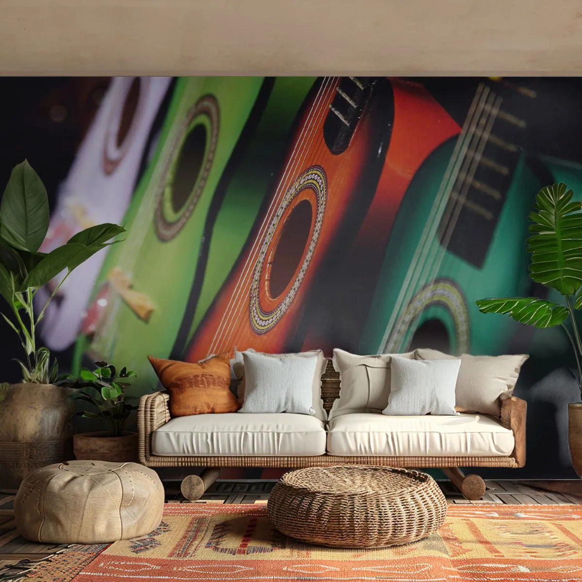 Fototapete Premium Canvas - Bunte Gitarren in verschiedenen Farbtönen in einer Reihe angeordnet - 100x70cm - Die Gitarre hat viele Farben - Moderne Wanddekoration für Wohnzimmer und Schlafzimmer ARTTOR