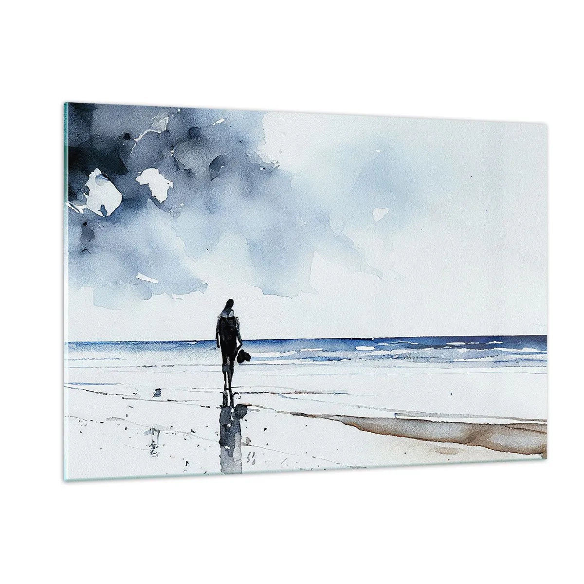 Glasbild - Bild auf glas - Silhouette einer Person an der Küste in zartem Aquarell - 120x80cm - Gespräch mit dem Meer - Moderne Wanddekoration für Wohnzimmer und Schlafzimmer ARTTOR