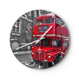Wanduhr - Glasuhr - Ein roter Londoner Bus vor der Kulisse historischer Gebäude - 30x30cm - Immer gleich - Moderne Wanddekoration für Wohnzimmer, Küche und Schlafzimmer ARTTOR
