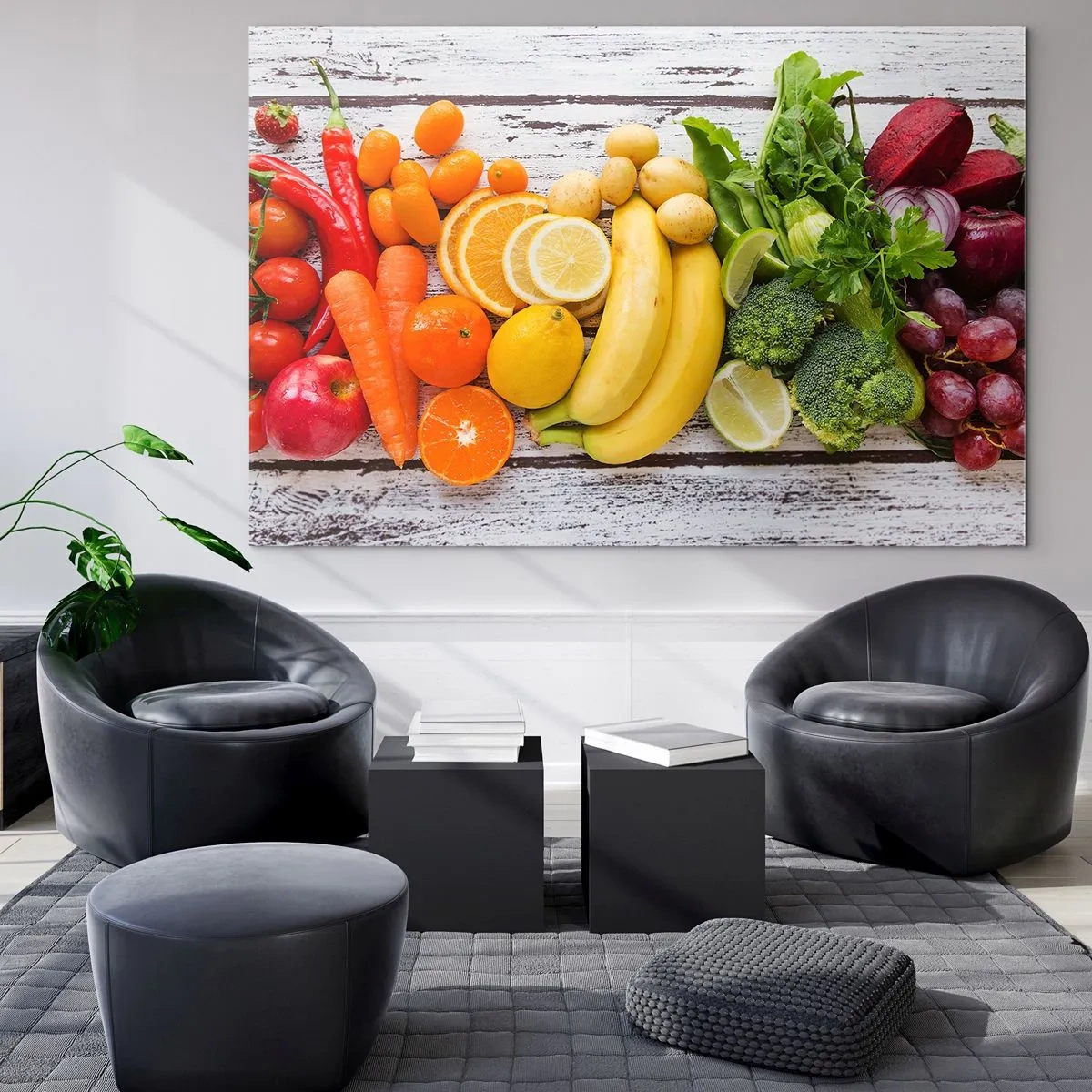 Glasbild - Bild auf glas - Buntes Obst und Gemüse auf einem Holztisch angeordnet - 70x50cm - Es ist nicht genug? - Moderne Wanddekoration für Wohnzimmer und Schlafzimmer ARTTOR
