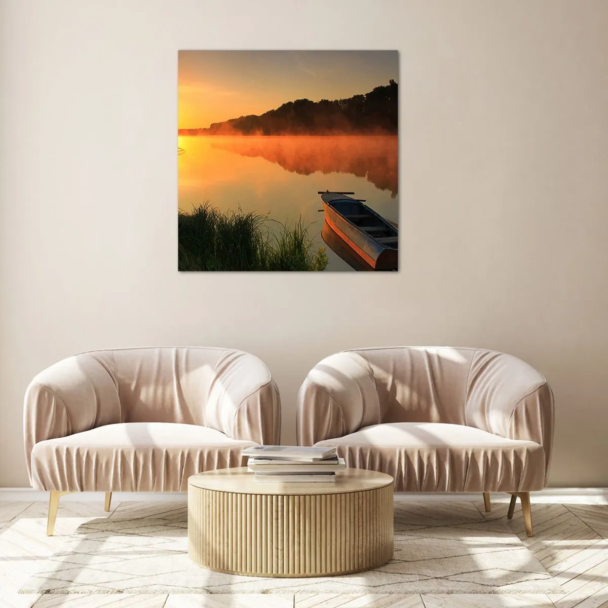 Glasbild - Bild auf glas - Sonnenaufgang über dem Wasser wie ein Spiegel - 70x70 cm