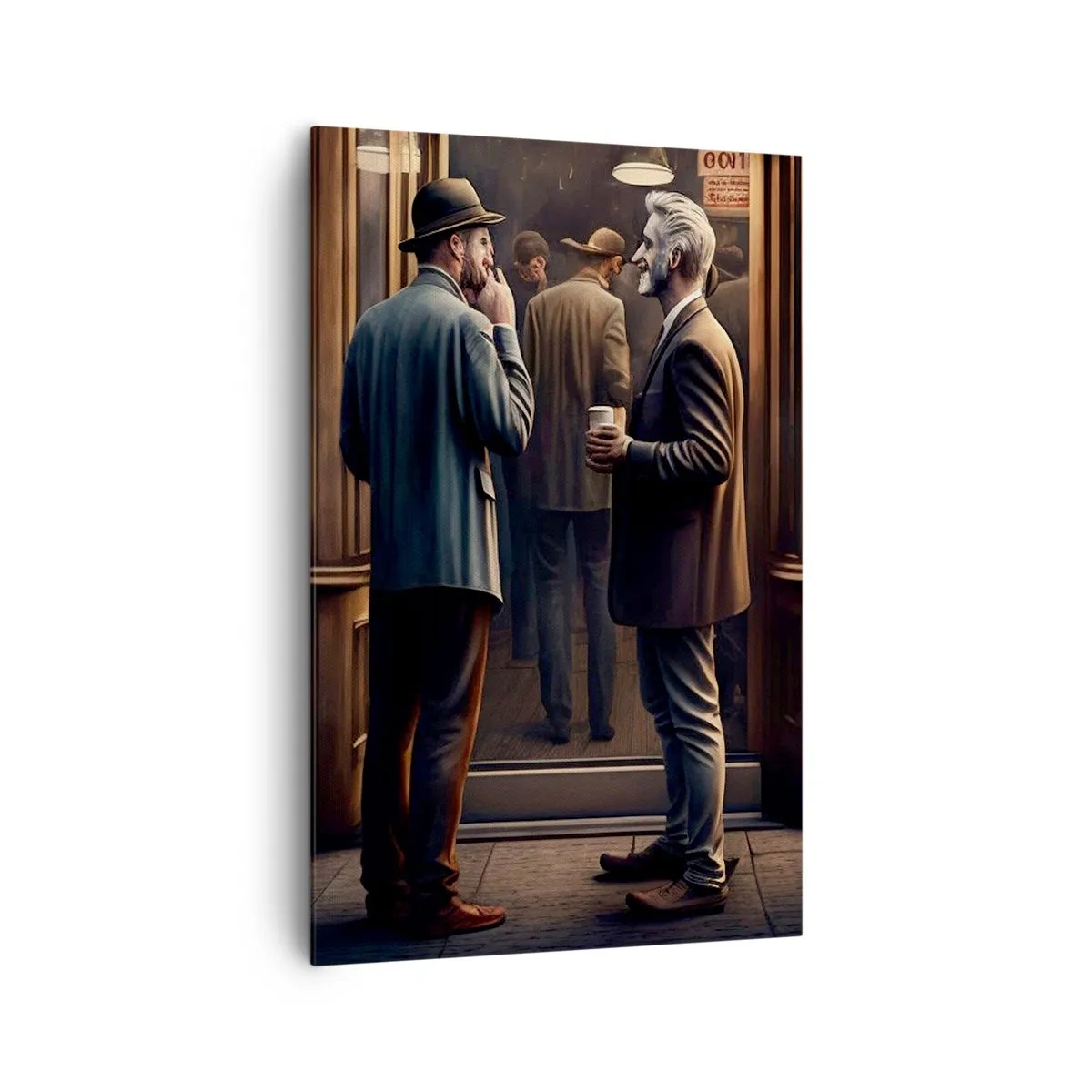 Bild auf Leinwand - Leinwandbild - Straßenszene mit Menschen vor einem Retro-Café - 80x120cm - Gute Zeit des Tages - Moderne Wanddekoration für Wohnzimmer und Schlafzimmer ARTTOR