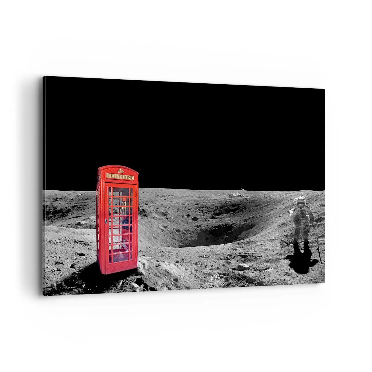 Bild auf Leinwand - Leinwandbild - Rote Telefonzelle auf dem Mond - 100x70cm - Ein kosmischer Witz - Moderne Wanddekoration für Wohnzimmer und Schlafzimmer ARTTOR