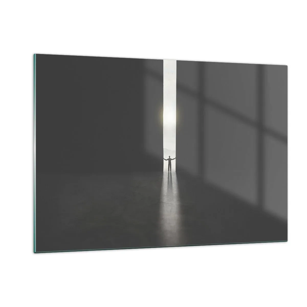 Glasbild - Bild auf glas - Silhouette eines Mannes, der eine Tür zu einem hellen Licht öffnet - 120x80cm - Ein Schritt in eine strahlende Zukunft - Moderne Wanddekoration für Wohnzimmer und Schlafzimmer ARTTOR