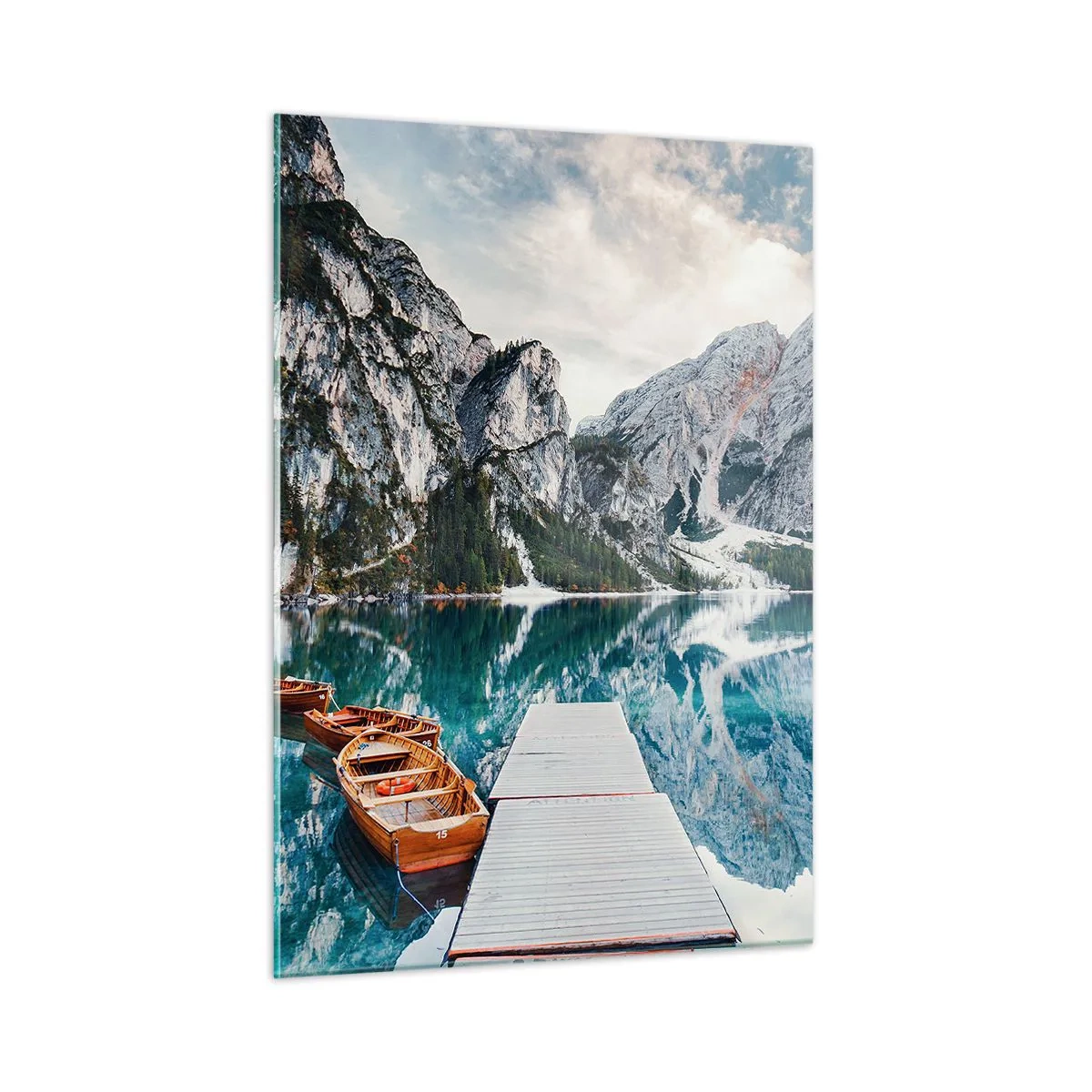 Glasbild - Bild auf glas - Eine Holzbrücke über einen türkisfarbenen See in den Bergen - 50x70cm - Wir zeigen Ihnen Schönheit - Moderne Wanddekoration für Wohnzimmer und Schlafzimmer ARTTOR