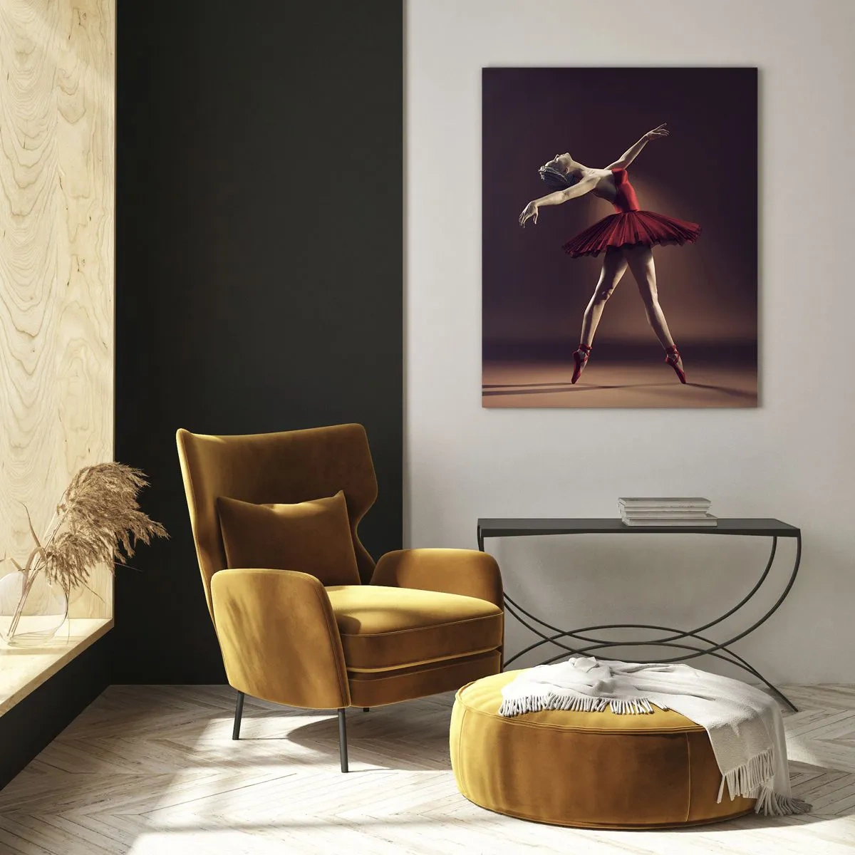 Glasbild - Bild auf glas - Eine Balletttänzerin in einem roten Kleid vor dem Hintergrund einer Bühne - 70x100cm - Eine Primaballerina - Moderne Wanddekoration für Wohnzimmer und Schlafzimmer ARTTOR