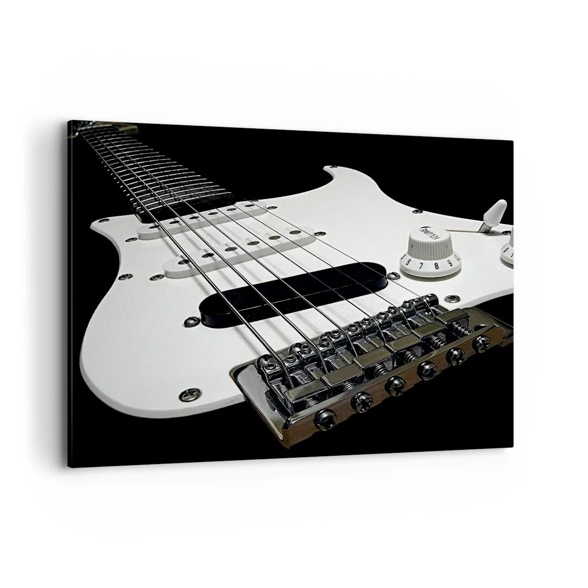 Bild auf Leinwand - Leinwandbild - Nahaufnahme einer weißen E-Gitarre auf schwarzem Hintergrund. - 100x70cm - In Weiß versteckter Ton - Moderne Wanddekoration für Wohnzimmer und Schlafzimmer ARTTOR