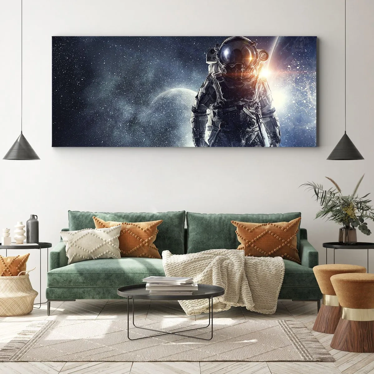 Bild auf Leinwand - Leinwandbild - Astronaut vor dem Hintergrund des Weltraums und des Planeten Erde - 140x50cm - Weltraumabenteuer - Moderne Wanddekoration für Wohnzimmer und Schlafzimmer ARTTOR