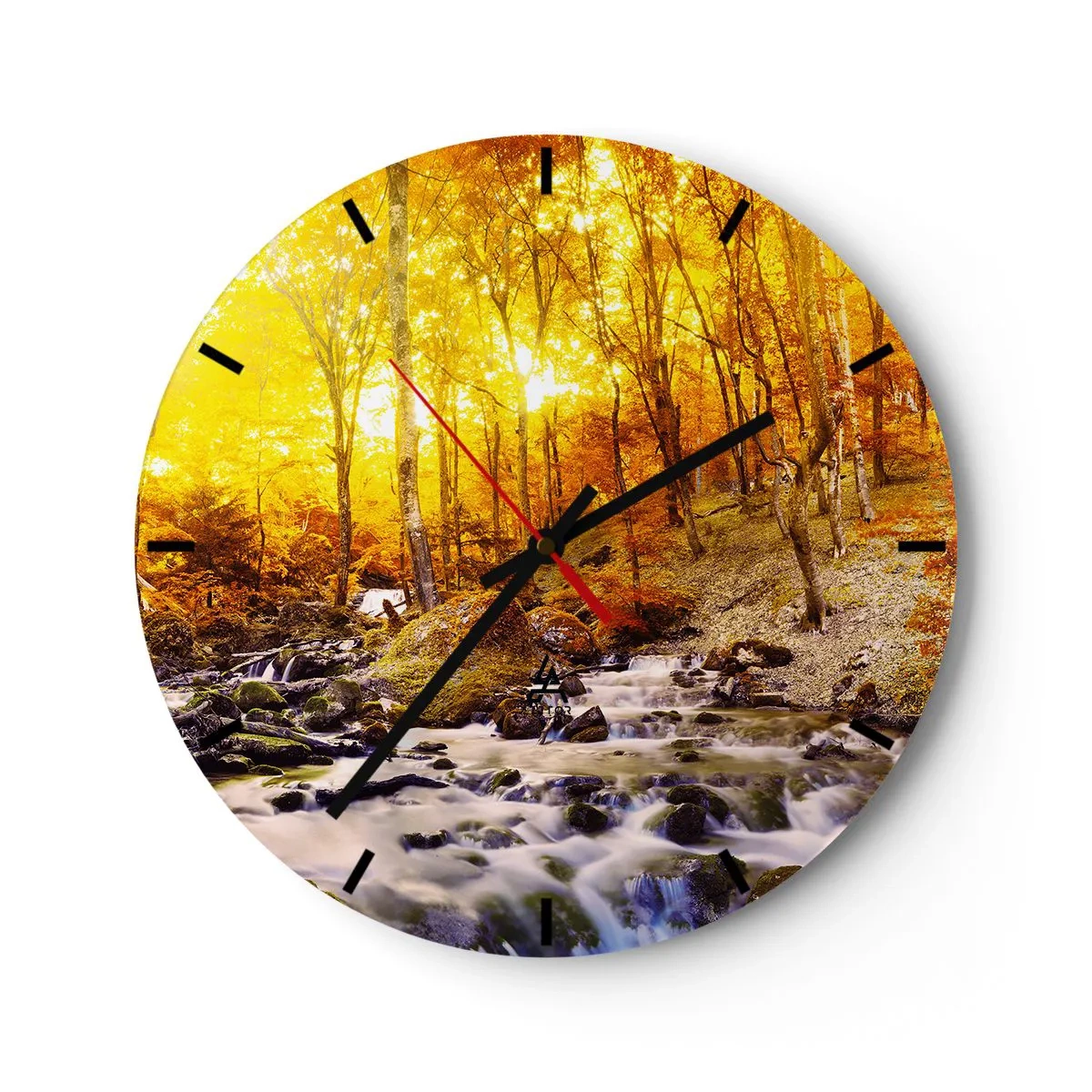 Wanduhr - Glasuhr - Herbstwald mit einem rauschenden Bach zwischen goldenen Blättern - 30x30cm - In Gold und Platin gefasste Steine - Moderne Wanddekoration für Wohnzimmer, Küche und Schlafzimmer ARTTOR