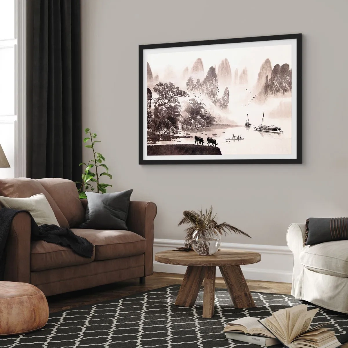 Poster in einem schwarzem Rahmen - Eine malerische Landschaft im asiatischen Stil mit nebligen Bergen - 70x50cm - Der exotische Alltag des Ostens - Moderne Wanddekoration für Wohnzimmer und Schlafzimmer ARTTOR