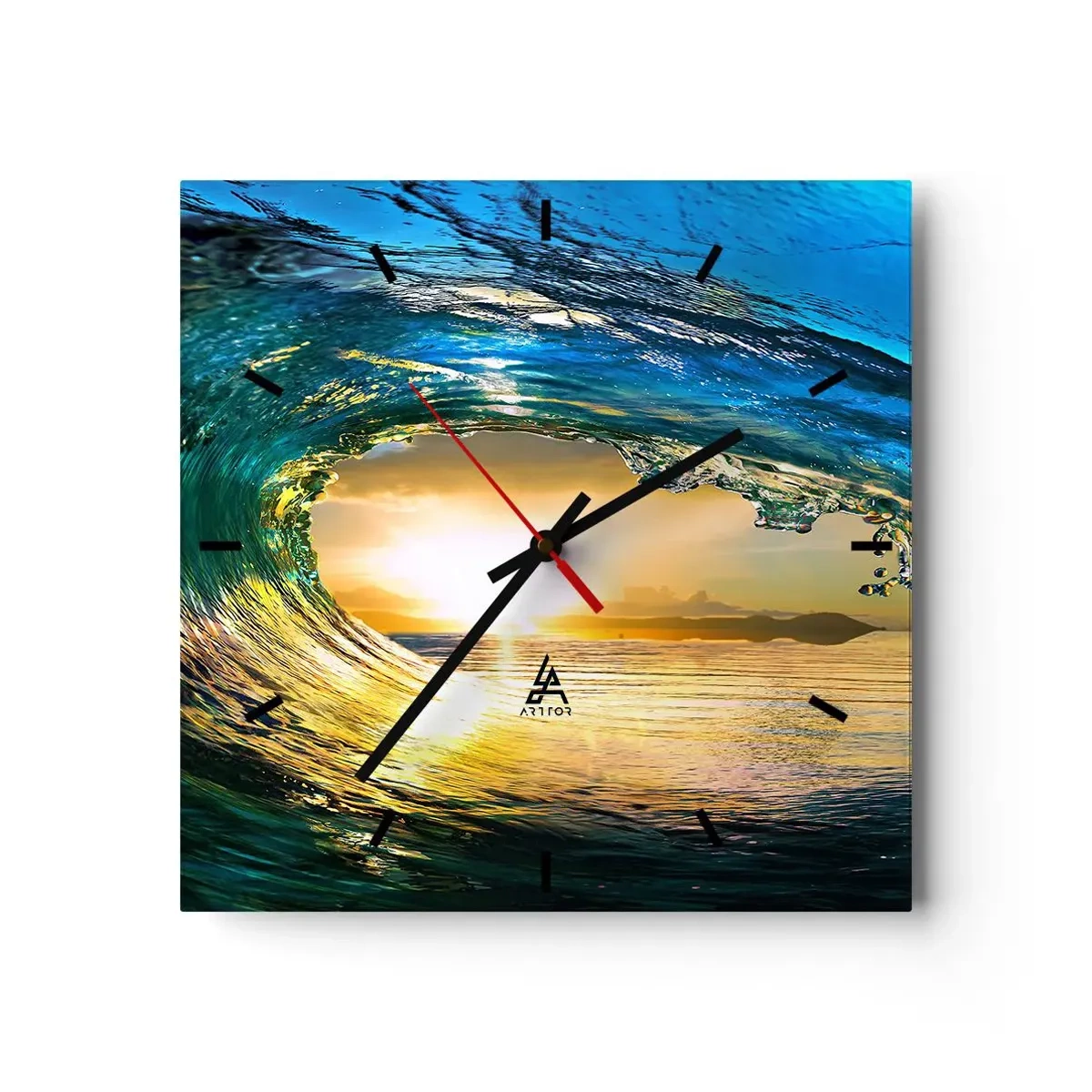 Wanduhr - Glasuhr - Meereswelle in der Sonne mit Blick auf den Horizont - 30x30cm - In einem smaragd-goldenen Kristall - Moderne Wanddekoration für Wohnzimmer und Schlafzimmer ARTTOR