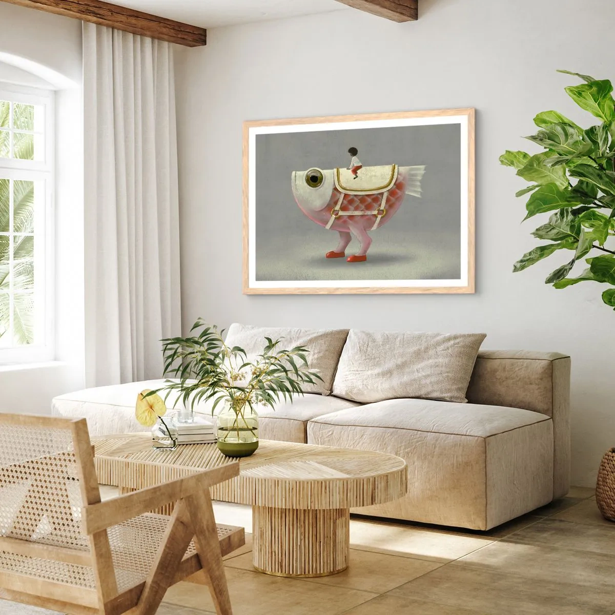 Poster in einem Rahmen aus heller Eiche - Reiter auf einem surrealen Fisch - 100x70 cm