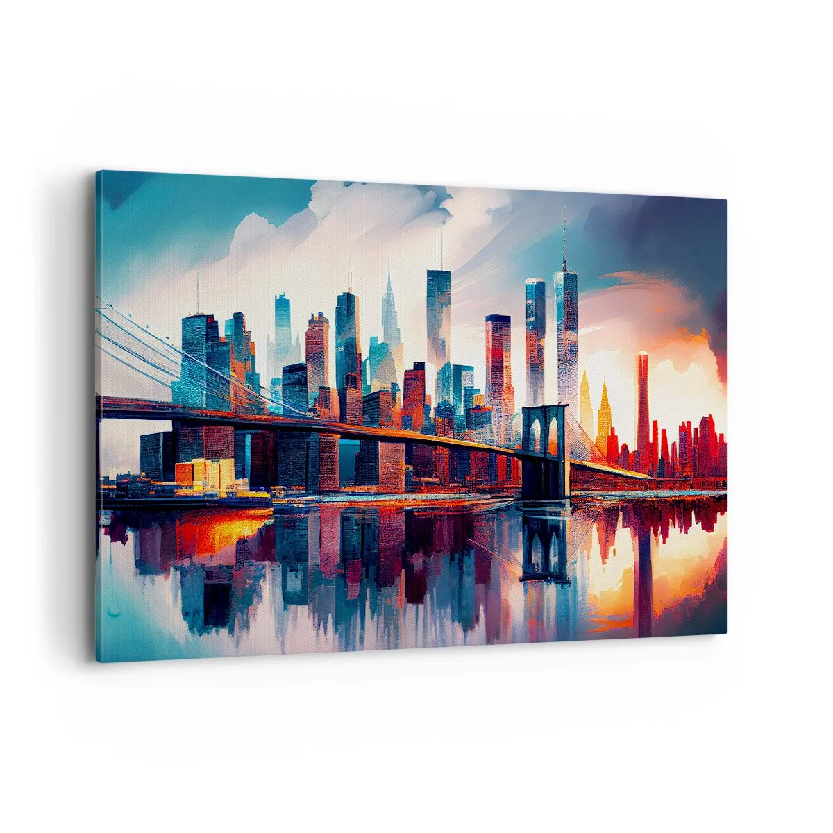 Bild auf Leinwand - Leinwandbild - New York City Panorama mit Brücke und Spiegelung im Wasser - 120x80cm - Traumhaftes New York - Moderne Wanddekoration für Wohnzimmer und Schlafzimmer ARTTOR