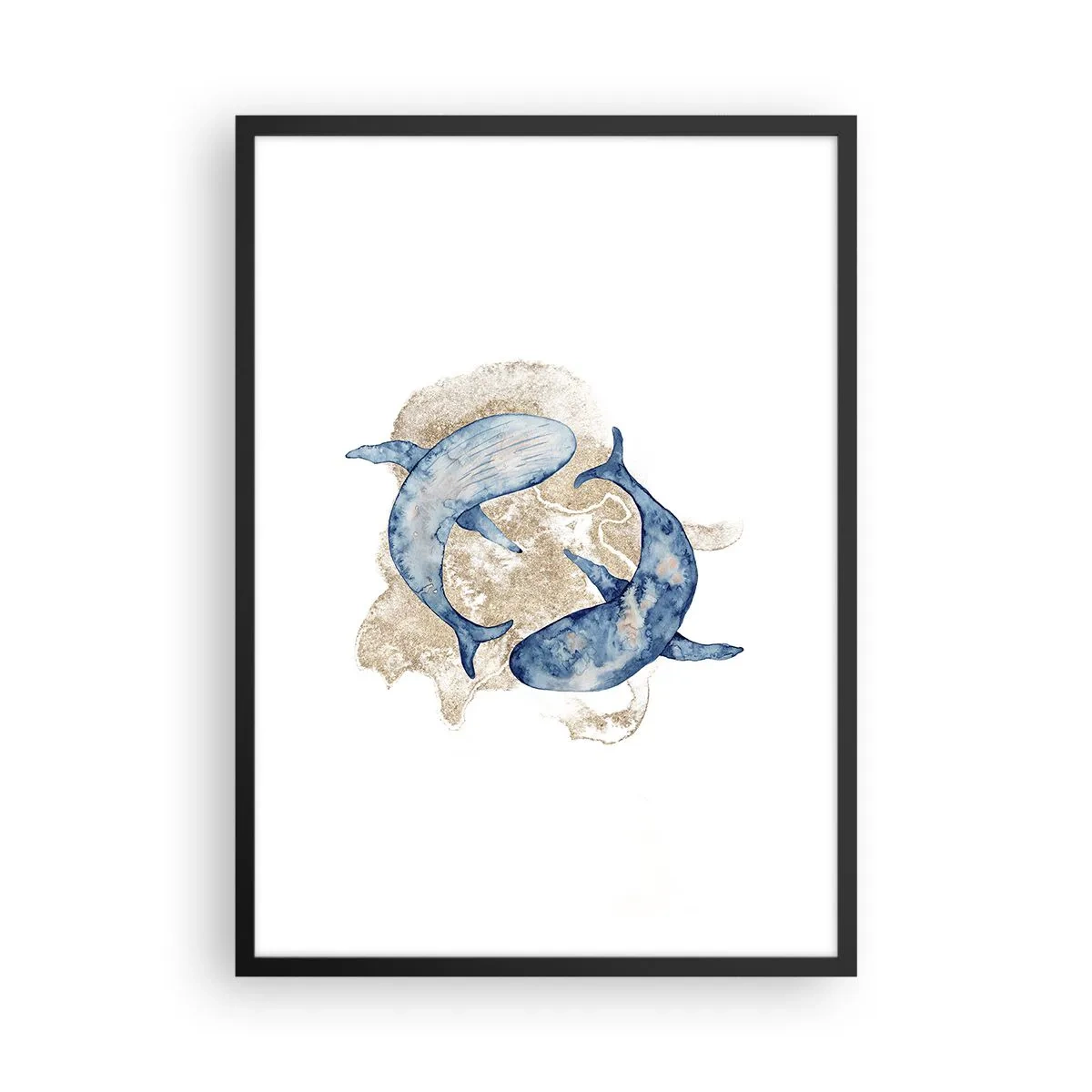 Poster in einem schwarzem Rahmen - Ein abstraktes Gemälde von zwei Finnwalen - 50x70cm - Freundschaft oder Liebe? - Moderne Wanddekoration für Wohnzimmer und Schlafzimmer ARTTOR