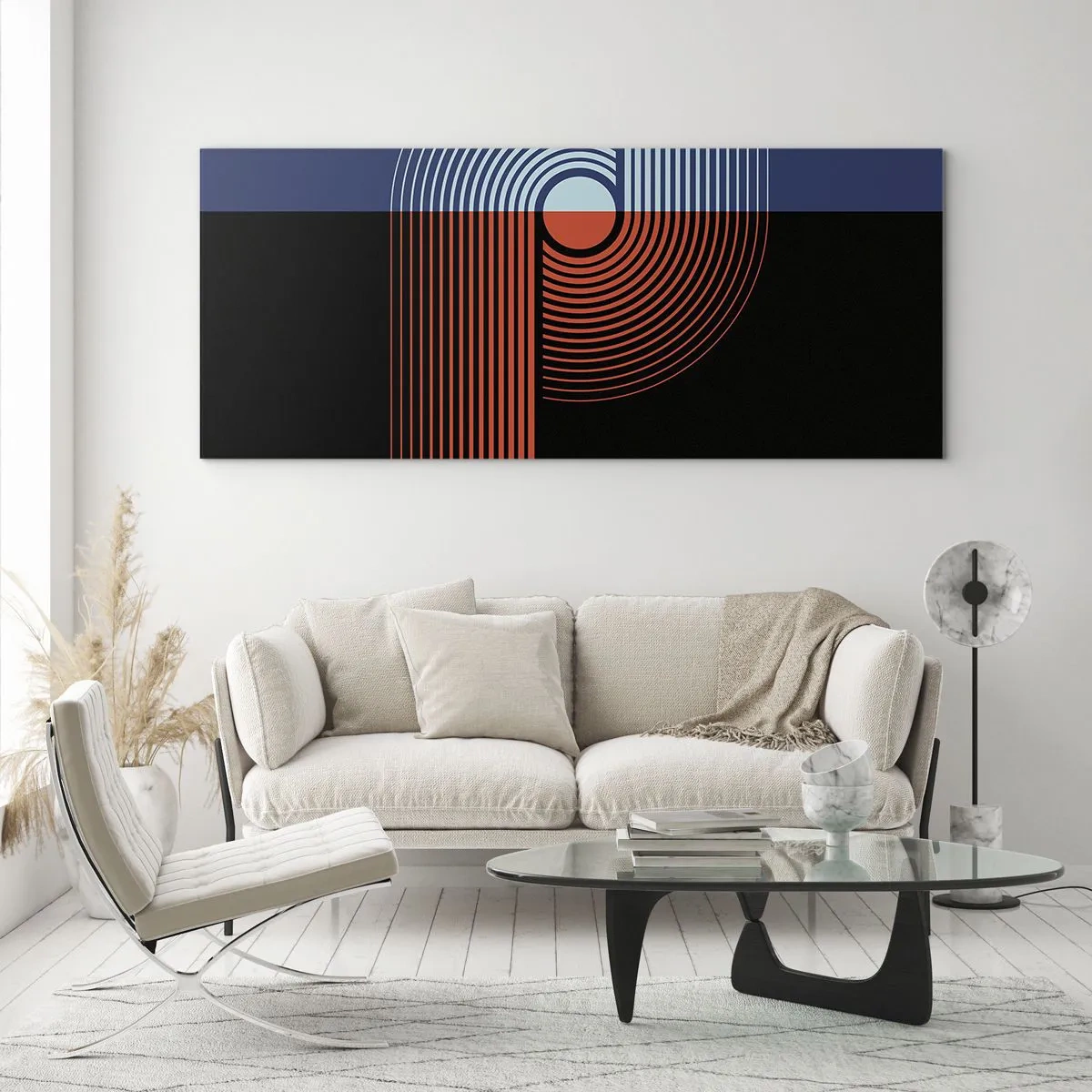 Glasbild - Bild auf glas - Geometrische Abstraktion mit Linien in Marineblau und Orange. - 120x50cm - In einer geometrischen Umarmung - Moderne Wanddekoration für Wohnzimmer und Schlafzimmer ARTTOR