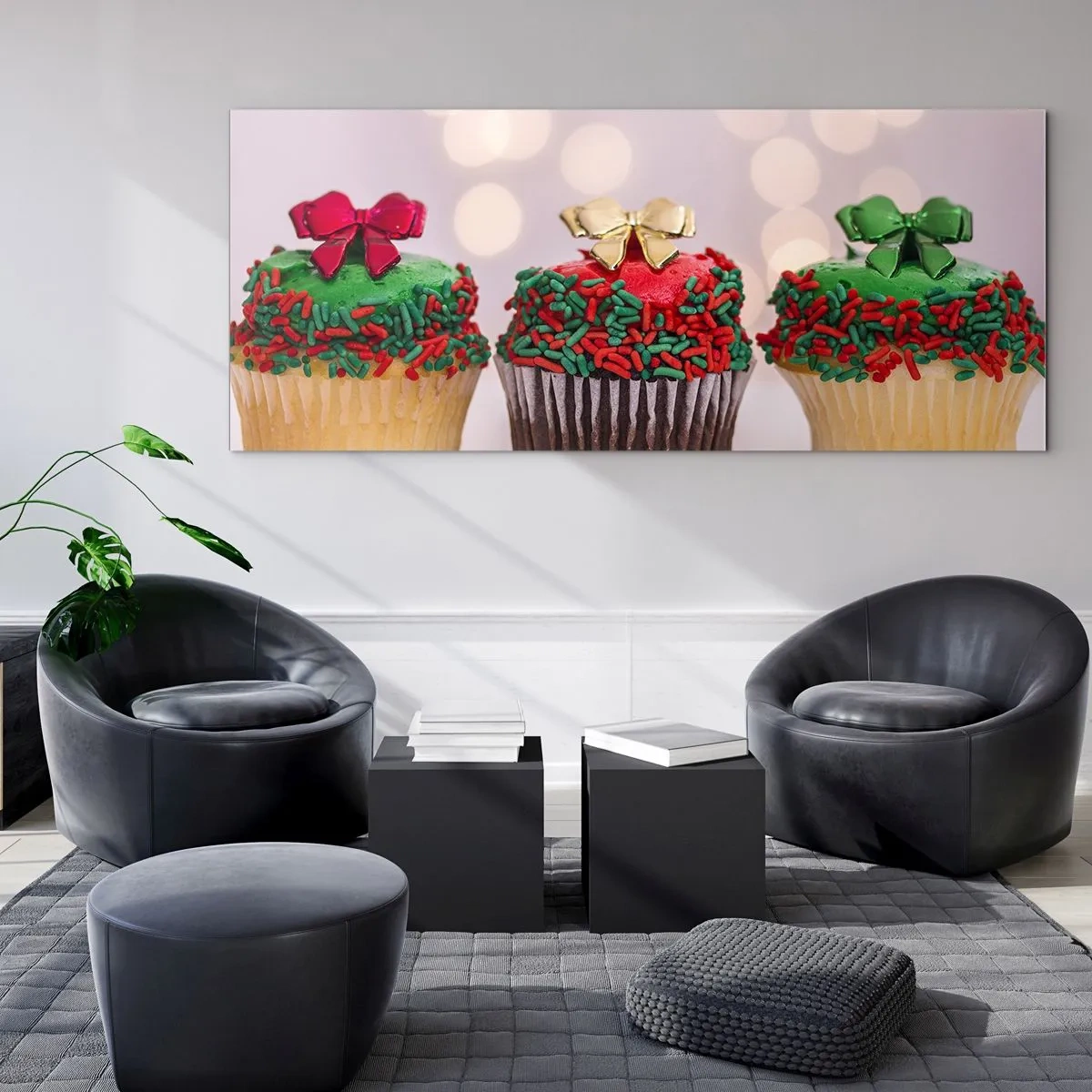 Glasbild - Bild auf glas - Weihnachts-Cupcakes mit bunten Streuseln und Schleifen - 140x50cm - Süßigkeiten bis zu der Schleife - Moderne Wanddekoration für Wohnzimmer und Schlafzimmer ARTTOR