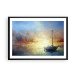 Poster in einem schwarzem Rahmen - Eine Yacht auf ruhigem Meer bei Sonnenuntergang - 70x50cm - In einer goldenen Bucht - Moderne Wanddekoration für Wohnzimmer und Schlafzimmer ARTTOR
