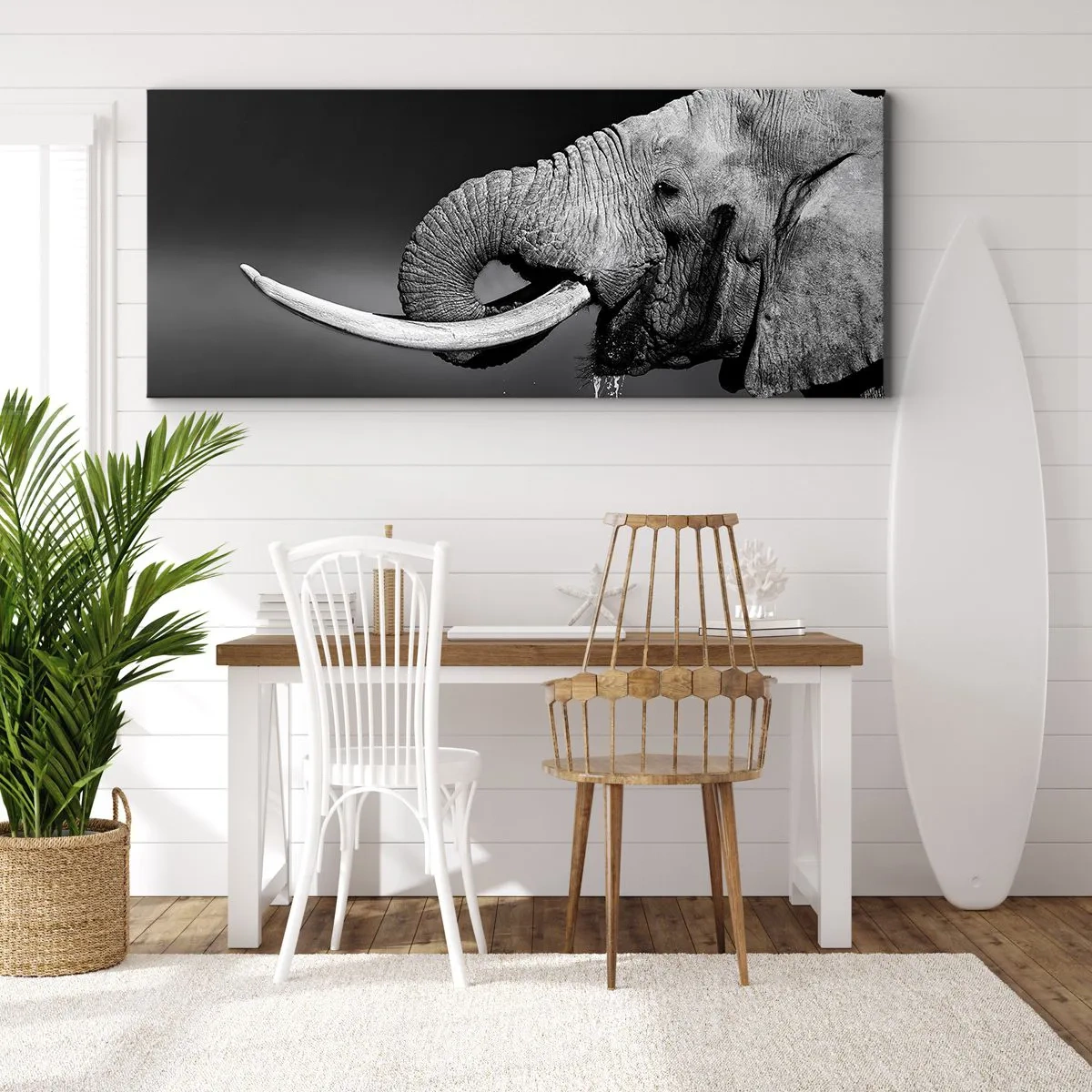Bild auf Leinwand - Leinwandbild - Schwarz-Weiß-Porträt eines Elefanten im Profil - 140x50cm - Ja, gut jetzt - Moderne Wanddekoration für Wohnzimmer und Schlafzimmer ARTTOR