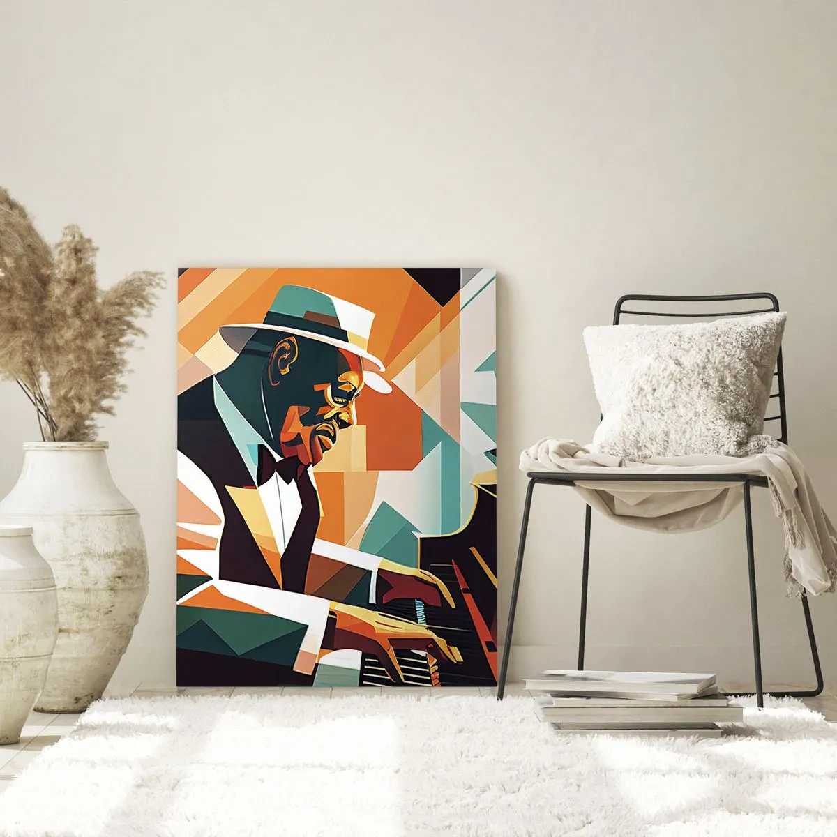 Glasbild - Bild auf glas - Ein farbenfrohes Porträt eines Jazz-Pianisten - 50x70cm - Alles vom Jazz - Moderne Wanddekoration für Wohnzimmer und Schlafzimmer ARTTOR