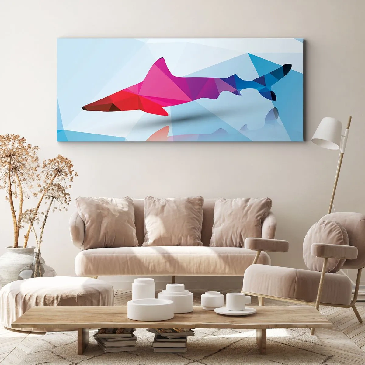 Bild auf Leinwand - Leinwandbild - Geometrische Hai-Silhouette in Rosa- und Blautönen - 160x50cm - Ein Hai in einem Kristallraum - Moderne Wanddekoration für Wohnzimmer und Schlafzimmer ARTTOR