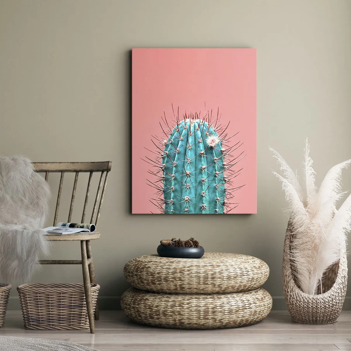 Bild auf Leinwand - Leinwandbild - Eine künstlerische Interpretation eines Kaktus auf rosa Hintergrund - 50x70cm - Schau einfach hin - Moderne Wanddekoration für Wohnzimmer und Schlafzimmer ARTTOR