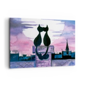 Bild auf Leinwand - Leinwandbild - Schwarze Katzen auf einem Dach im Mondlicht in einer Aquarell-Kulisse - 100x70cm - Rendez-vous unter dem Mond - Moderne Wanddekoration für Wohnzimmer und Schlafzimmer ARTTOR