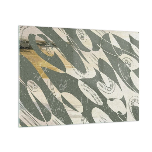 Glasbild - Bild auf glas - Eine grün-beige Komposition mit dynamischen organischen Formen - 70x50cm - Rhythmische Abstraktion - Moderne Wanddekoration für Wohnzimmer und Schlafzimmer ARTTOR