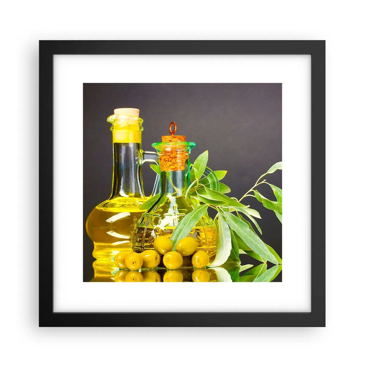 Poster in einem schwarzem Rahmen - Stillleben mit Oliven und Olivenöl - 30x30 cm