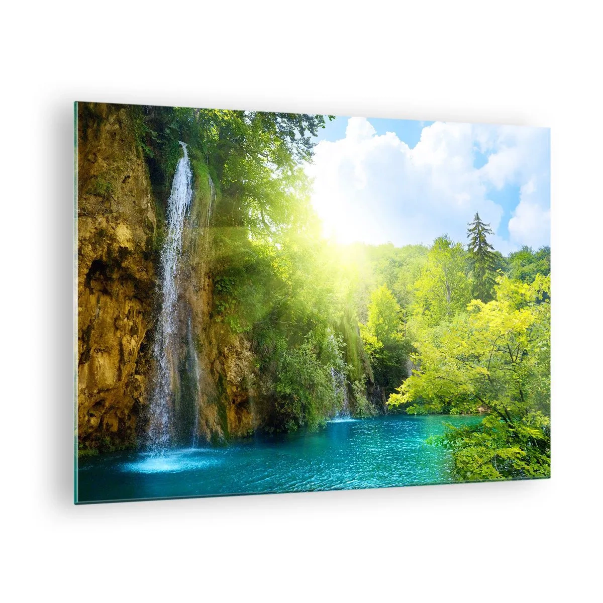 Glasbild - Bild auf glas - Ein Wasserfall, der in einen blauen See fließt, umgeben von Grün - 70x50cm - Es muss Eden sein - Moderne Wanddekoration für Wohnzimmer und Schlafzimmer ARTTOR