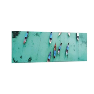 Glasbild - Bild auf glas - Boote auf türkisfarbenem Wasser aus der Vogelperspektive - 140x50cm - In freudiger Erwartung - Moderne Wanddekoration für Wohnzimmer und Schlafzimmer ARTTOR