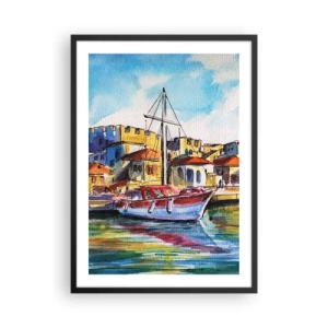 Poster in einem schwarzem Rahmen - Ein farbenfrohes Aquarell einer Yacht in einer Küstenstadt - 50x70cm - Regenbogennachmittag - Moderne Wanddekoration für Wohnzimmer und Schlafzimmer ARTTOR