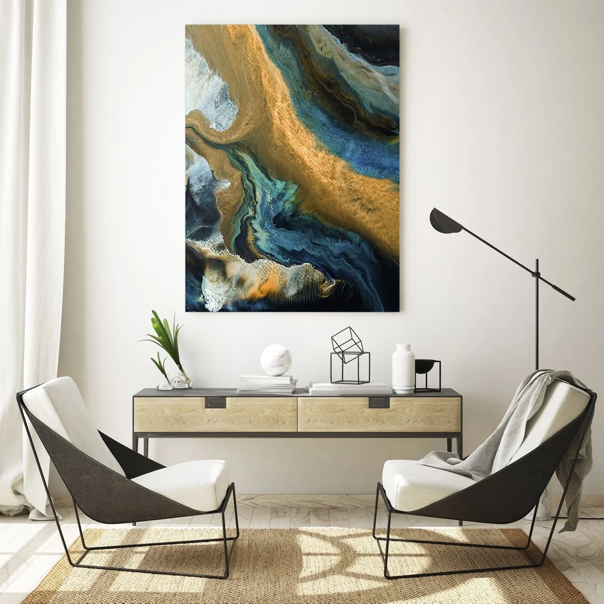 Glasbild - Bild auf glas - Abstrakte Wellen in Gold- und Blautönen - 80x120cm - Blau - Gelb - gegenseitige Beeinflussung - Moderne Wanddekoration für Wohnzimmer und Schlafzimmer ARTTOR