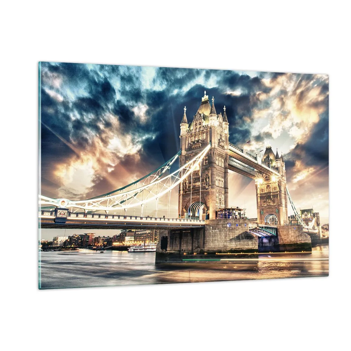 Glasbild - Bild auf glas - Tower Bridge in London vor dramatischem Himmel - 120x80cm - Denkmal des viktorianischen Imperiums - Moderne Wanddekoration für Wohnzimmer und Schlafzimmer ARTTOR