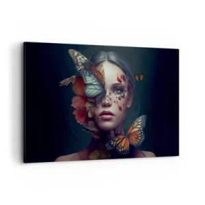 Bild auf Leinwand - Leinwandbild - Porträt einer Frau mit Schmetterlingen und Pflanzenelementen - 120x80cm - Wunderbare Metamorphose - Moderne Wanddekoration für Wohnzimmer und Schlafzimmer ARTTOR