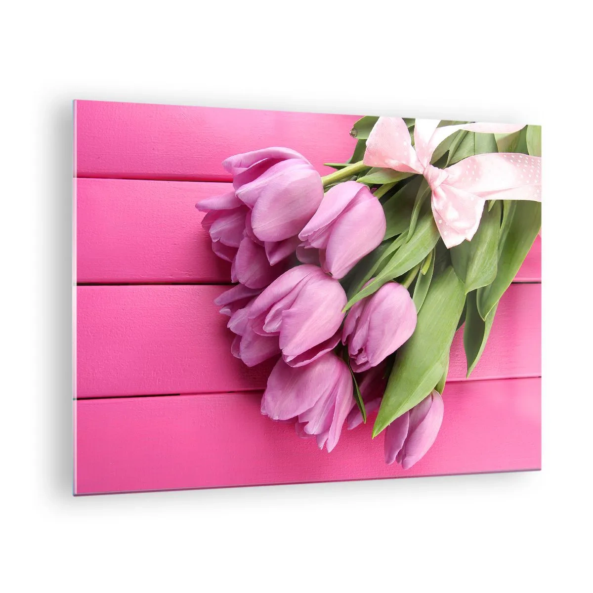 Glasbild - Bild auf glas - Ein Strauß rosa Tulpen auf einem hölzernen Hintergrund - 70x50cm - Nur für dich - Moderne Wanddekoration für Wohnzimmer und Schlafzimmer ARTTOR