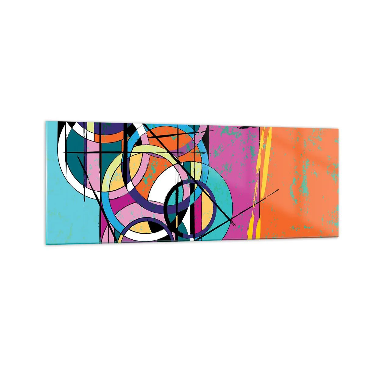 Glasbild - Bild auf glas - Bunte Abstraktion mit geometrischen Kreisen - 140x50cm - Rad für Rad - Moderne Wanddekoration für Wohnzimmer und Schlafzimmer ARTTOR