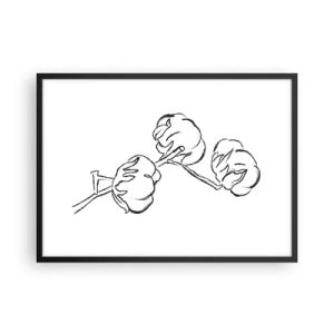 Poster in einem schwarzem Rahmen - Ein zarter Umriss eines Baumwollzweigs auf weißem Hintergrund - 70x50cm - Baumwolldaunen - Moderne Wanddekoration für Wohnzimmer und Schlafzimmer ARTTOR