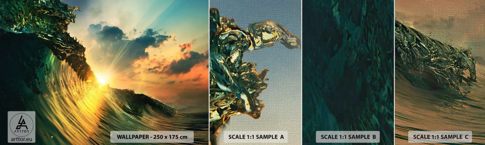 Fototapeten Muster Premium Canvas - Surfer, wo bist du? - Meereswelle, Sonnenstrahlen, Natur - 100x30 cm