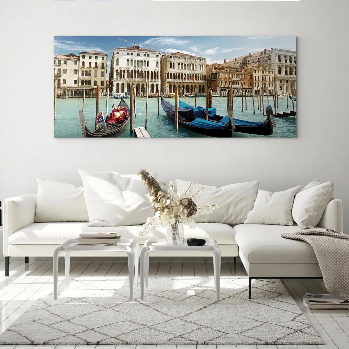 Glasbild - Bild auf glas - Venedig mit Gondeln und Palästen gegen den Himmel - 120x50cm - Paläste in Blau - Moderne Wanddekoration für Wohnzimmer und Schlafzimmer ARTTOR