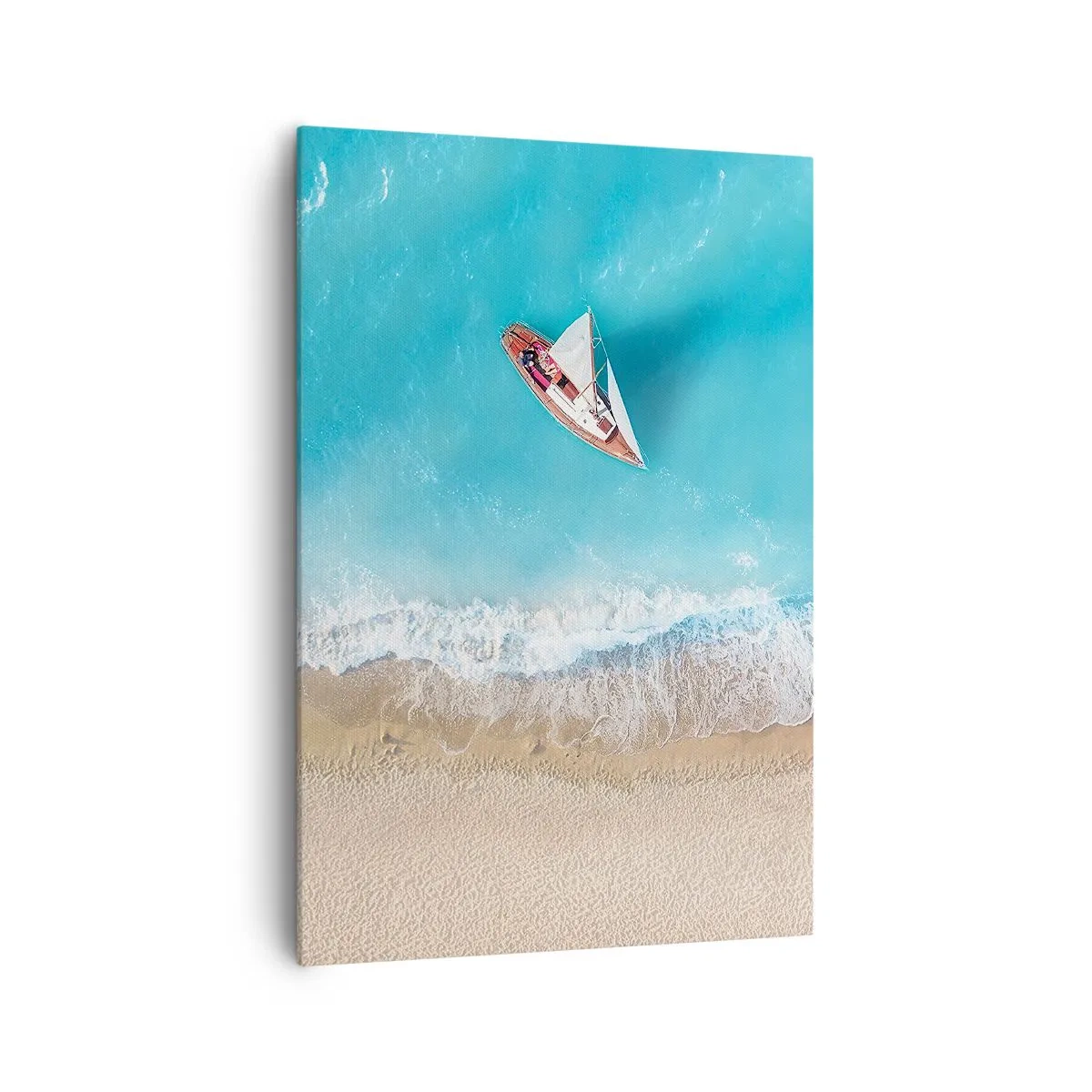 Bild auf Leinwand - Leinwandbild - Eine Vogelperspektive auf ein Boot am Strand - 70x100cm - An der Grenze von Blau und Gold - Moderne Wanddekoration für Wohnzimmer und Schlafzimmer ARTTOR