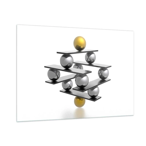 Glasbild - Bild auf glas - Geometrische Komposition mit Kugeln und Plattformen auf weißem Hintergrund - 100x70cm - Gold- und Silberbalance - Moderne Wanddekoration für Wohnzimmer und Schlafzimmer ARTTOR