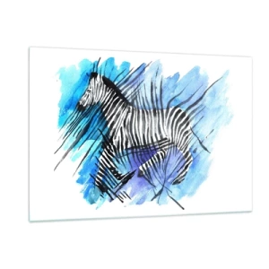 Glasbild - Bild auf glas - Ein Zebra in einer künstlerischen Aquarellkomposition vor blauem Hintergrund - 120x80cm - In Streifen versteckt - Moderne Wanddekoration für Wohnzimmer und Schlafzimmer ARTTOR