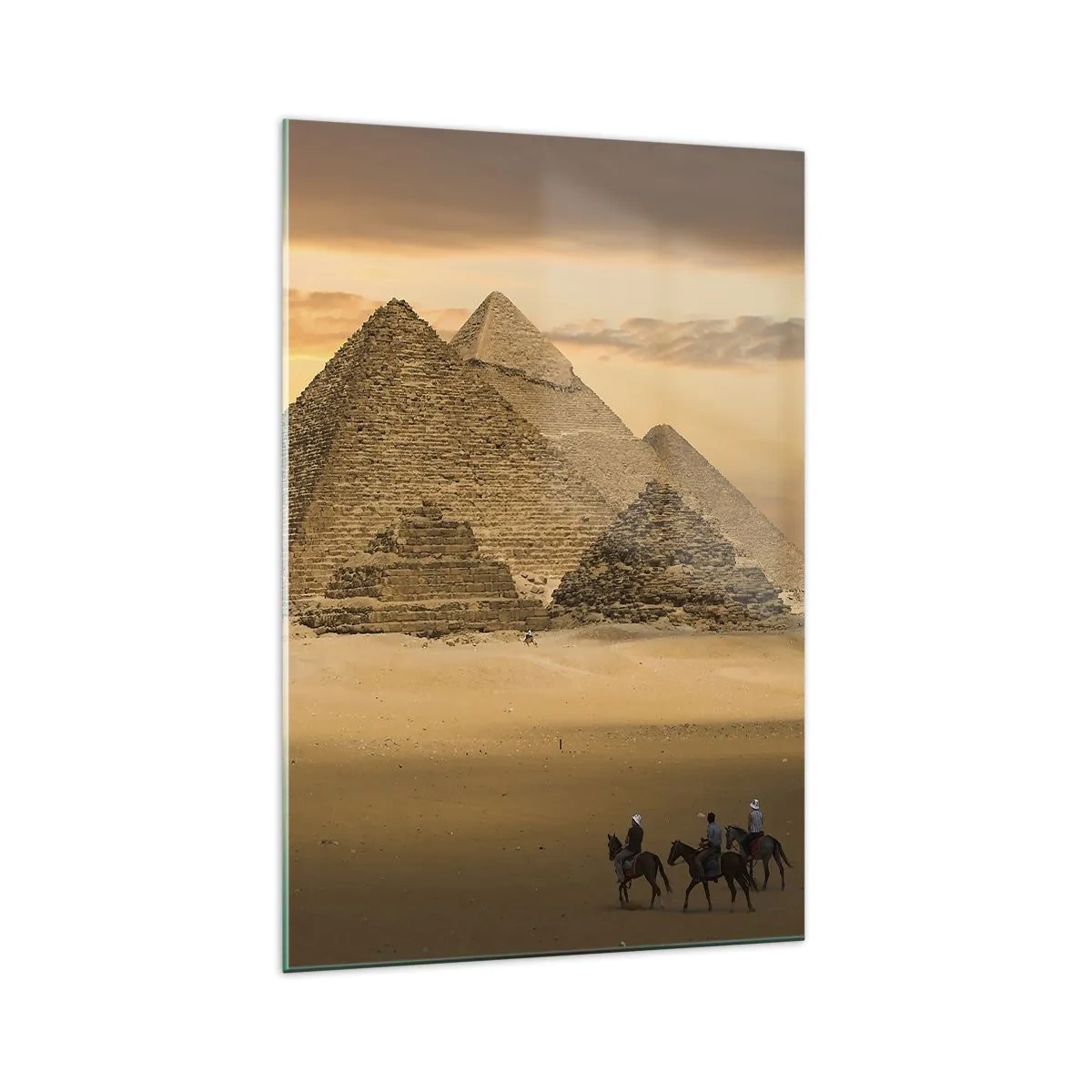 Glasbild - Bild auf glas - Pyramiden in Ägypten bei Sonnenuntergang mit Reitern auf Pferden - 70x100cm - Seit Tausenden von Jahren keine Veränderung - Moderne Wanddekoration für Wohnzimmer und Schlafzimmer ARTTOR