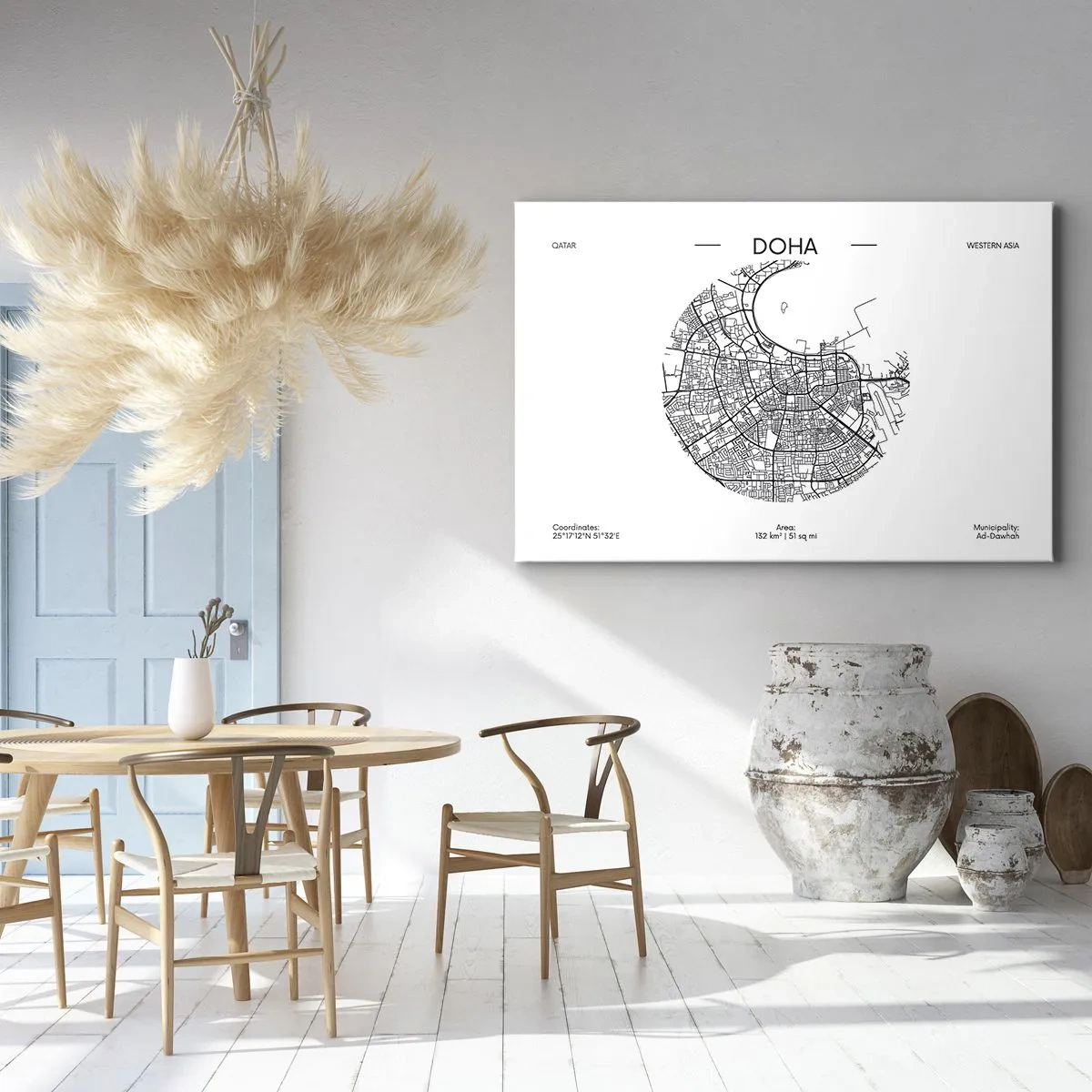 Bild auf Leinwand - Leinwandbild - Eine minimalistische Karte von Doha in Schwarzweiß mit präzisen Details. - 120x80cm - Anatomie von Doha - Moderne Wanddekoration für Wohnzimmer und Schlafzimmer ARTTOR