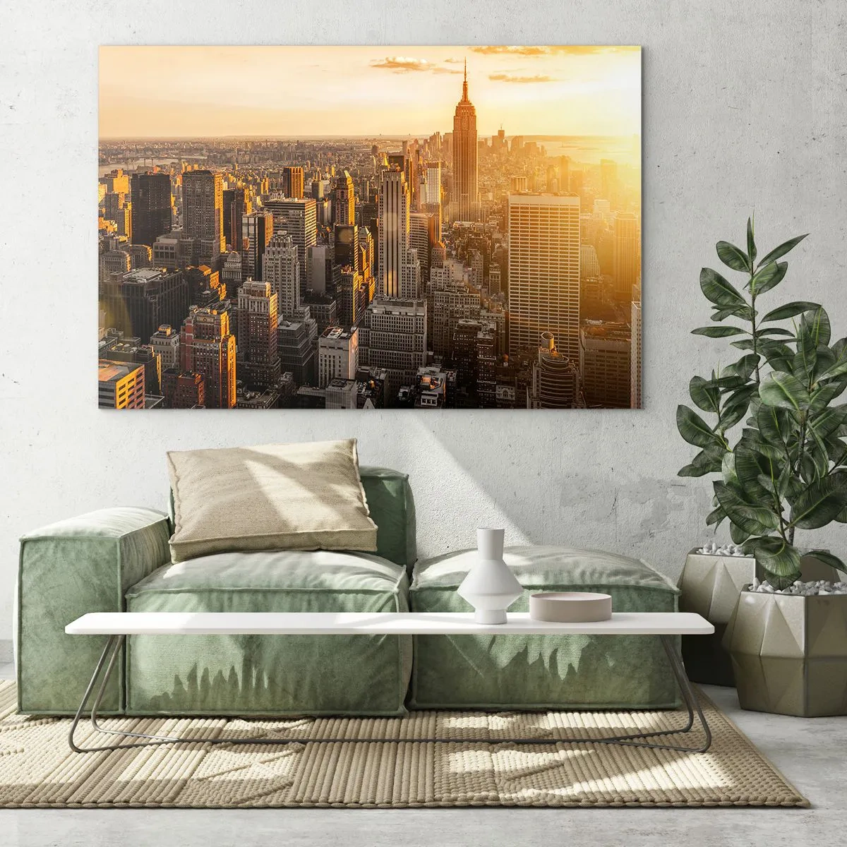 Glasbild - Bild auf glas - Skyline von New York City bei Sonnenuntergang - 100x70cm - In der Sonne wachsen - Moderne Wanddekoration für Wohnzimmer und Schlafzimmer ARTTOR