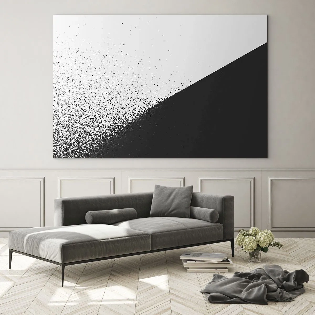 Glasbild - Bild auf glas - Eine minimalistische Komposition in Schwarz-Weiß mit Zerfallseffekt - 100x70cm - Immer schneller, immer mehr - Moderne Wanddekoration für Wohnzimmer und Schlafzimmer ARTTOR