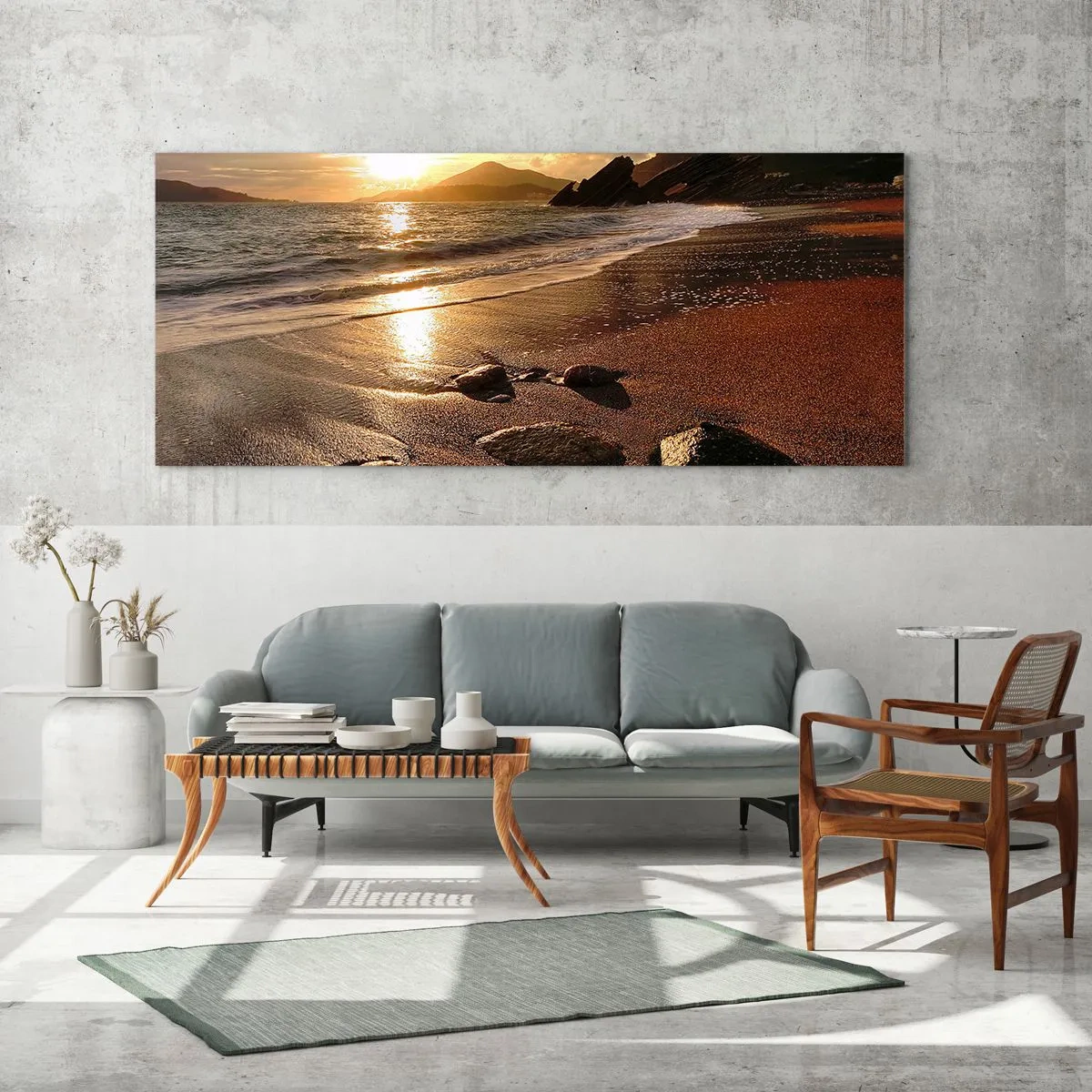 Glasbild - Bild auf glas - Strand bei Sonnenuntergang mit Steinen am Ufer - 140x50cm - Folge der Sonne zu den Hügeln - Moderne Wanddekoration für Wohnzimmer und Schlafzimmer ARTTOR
