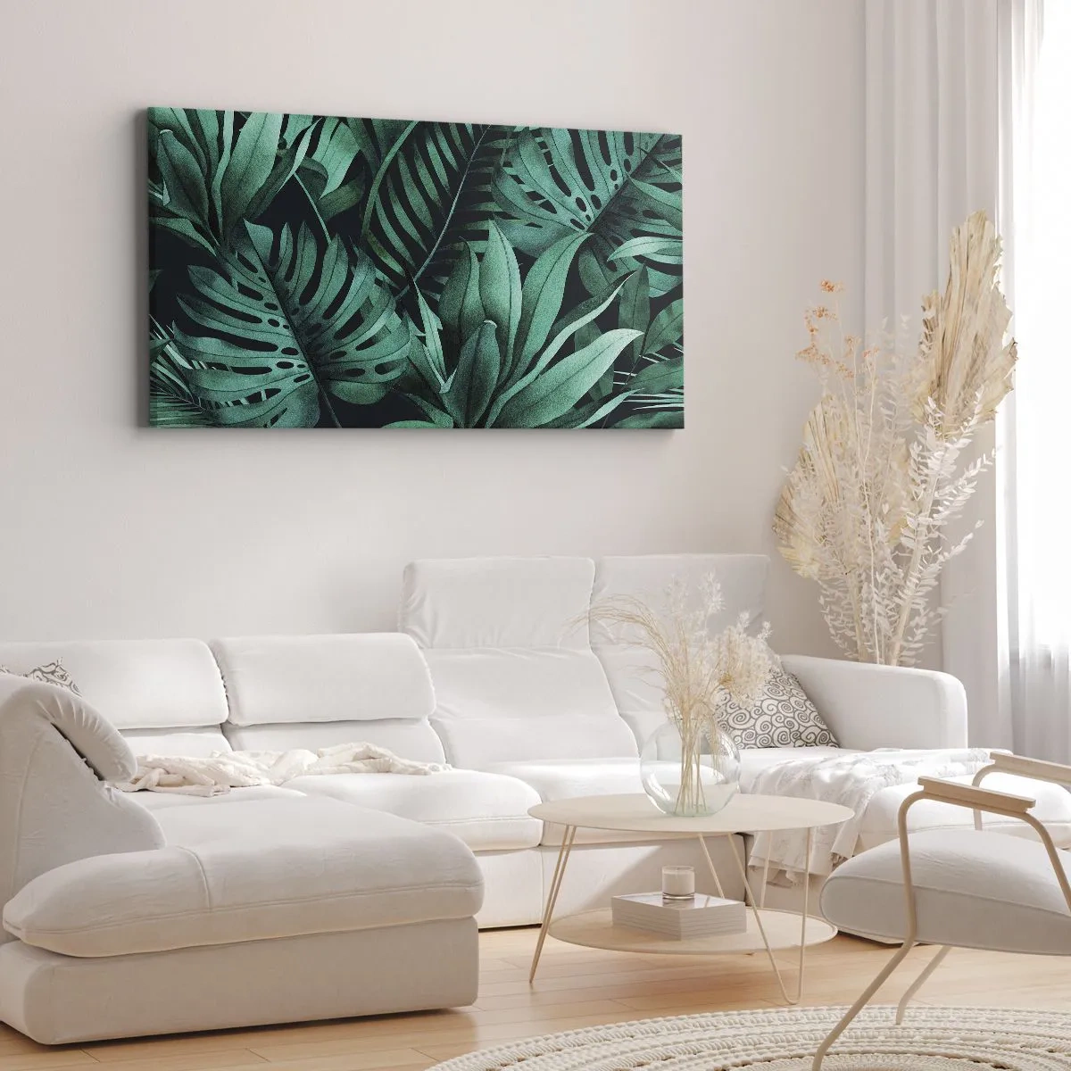 Bild auf Leinwand - Leinwandbild - Tropische Blätter in intensiven Grüntönen - 120x50cm - Die Tiefe des tropischen Grüns - Moderne Wanddekoration für Wohnzimmer und Schlafzimmer ARTTOR